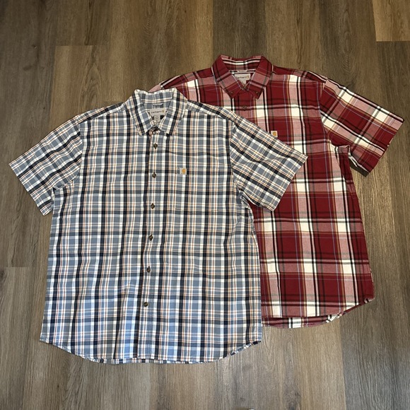 Carhartt Other - Carhartt Shirt Lot Of 2 Men XL Red Blue Plaid Relaxed Fit Short Sleeve Button Up